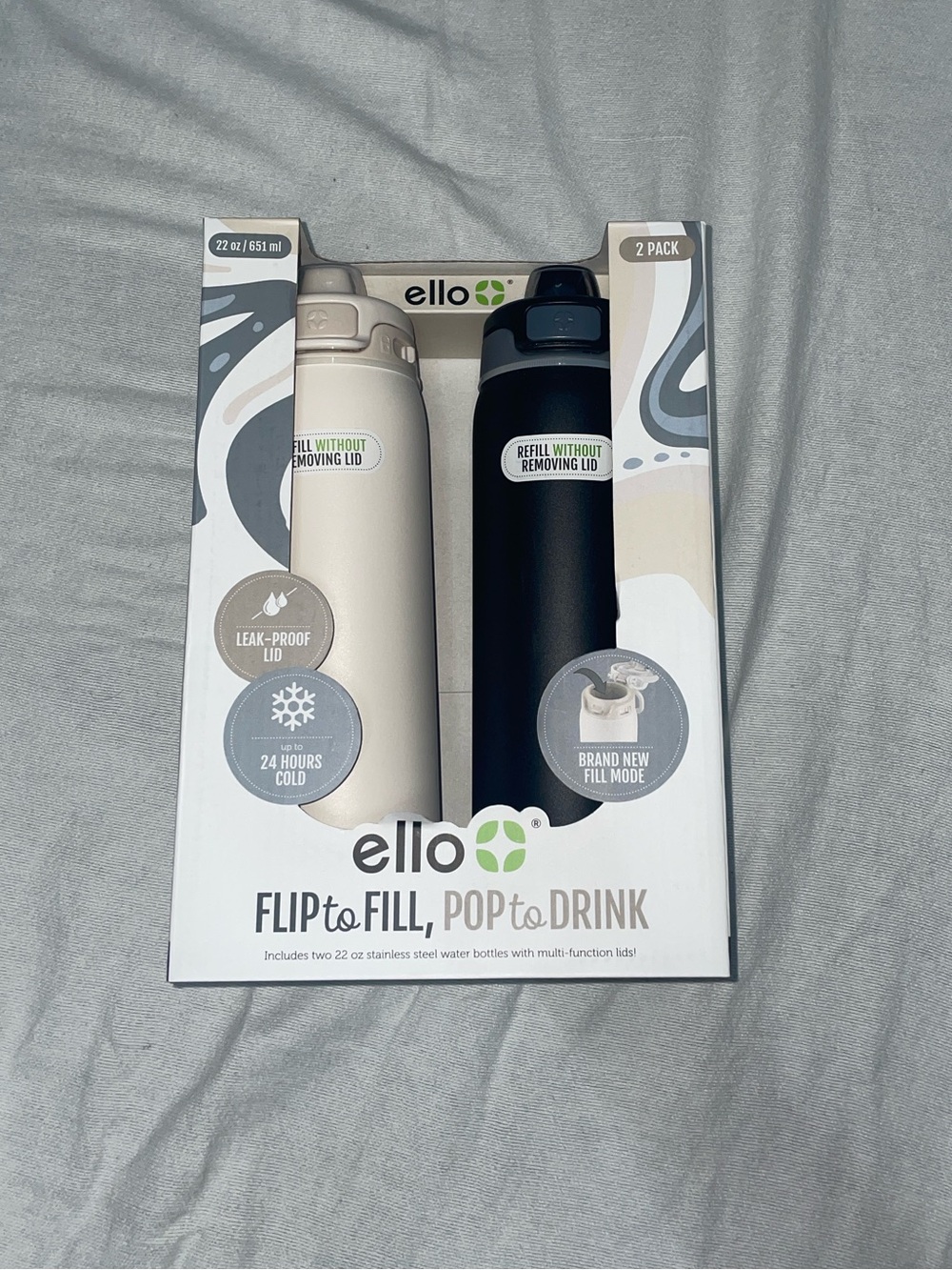 Ello Pop & Fill 22 oz Stainless Steel Water Bottle 2-Pack – Leak-Proof